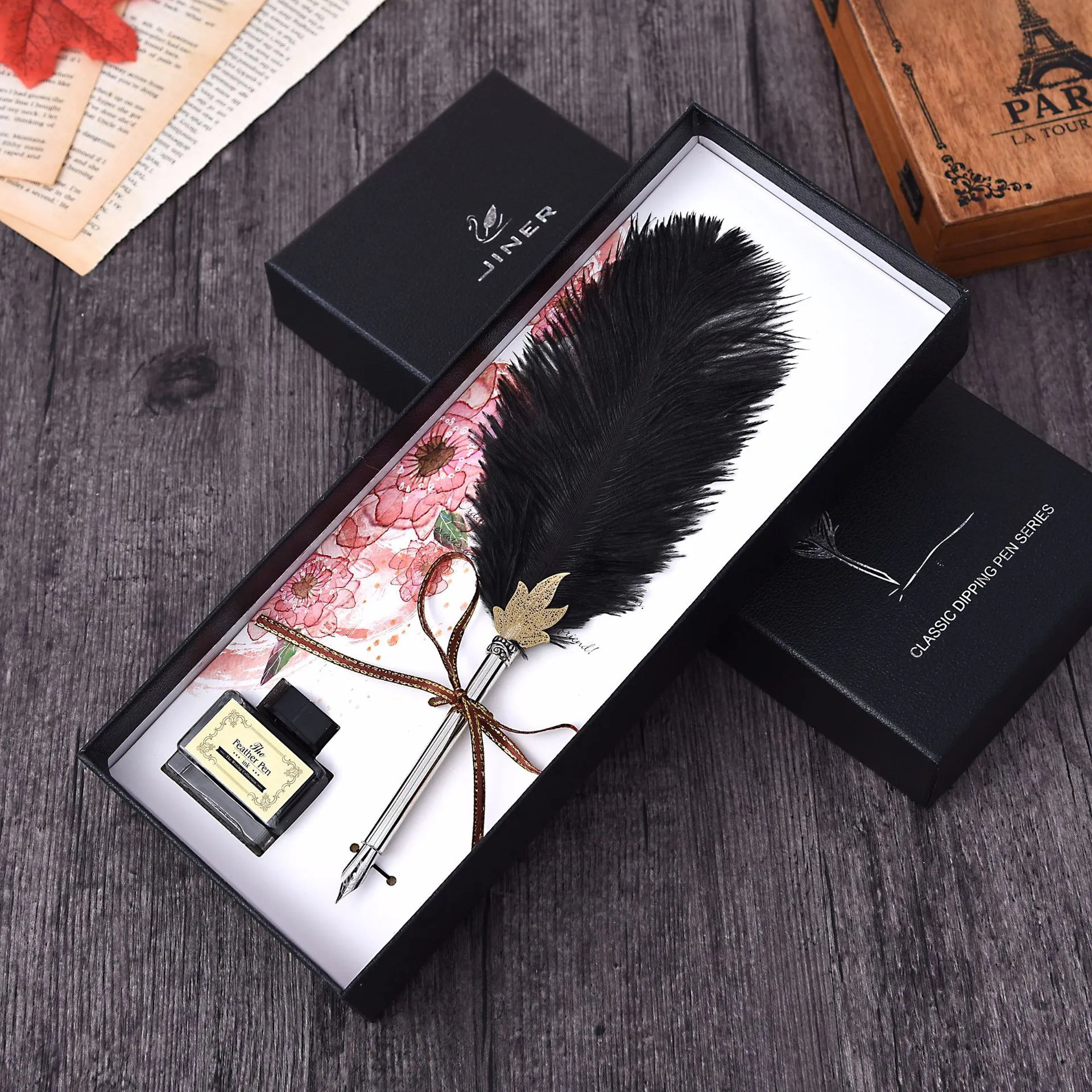 Britisches Retro Natur Straußenfeder Tauchfeder Set Mit Tinte Und Geschenkbox Vintage Kalligraphie Federkiel Zum Schreiben Büro Business Geschenk