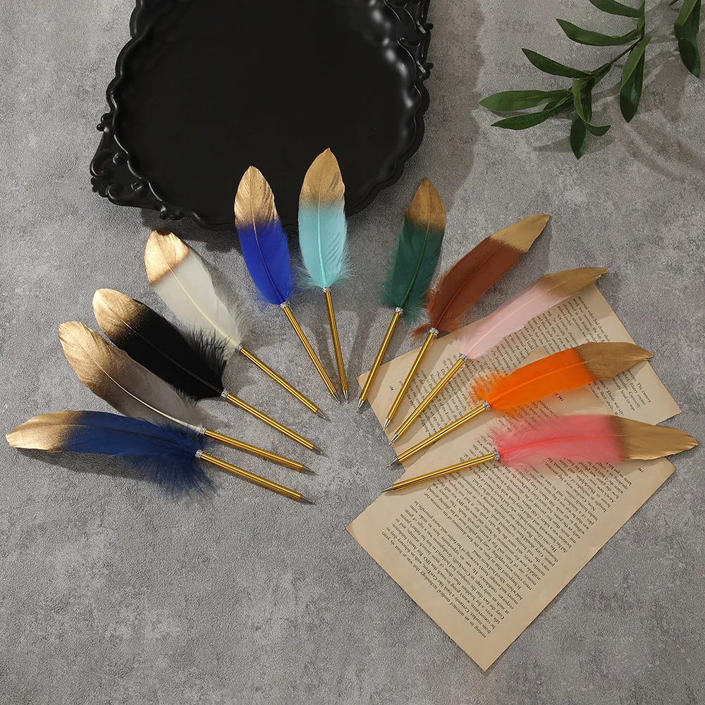Europäische Retro Naturfeder Kugelschreiber Legierung Metall Goldene Feder Elegant Strass Signierstift Für Hochzeit Büro Halloween Geschenk