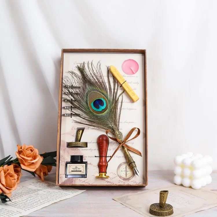 Juego de Pluma de Pavo Real Vintage Con Tinta Sello de Cera 5 Plumillas de Repuesto Pluma de Caligrafía Retro Europea Clásica Regalo Boda