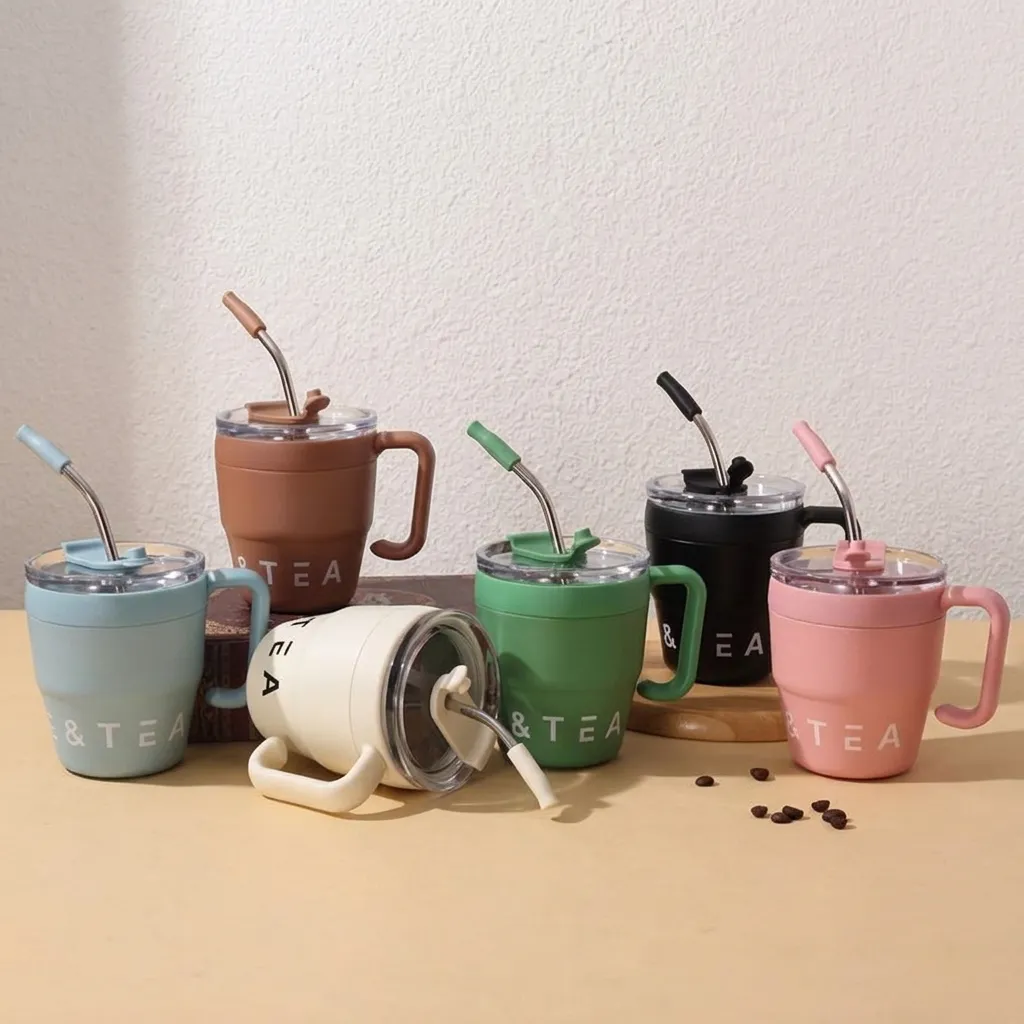 Moderne Minimalistische 304 Edelstahl Isolierbecher Mit Griff Und Strohhalm Tragbare Vakuum Reisebecher Für Home Office