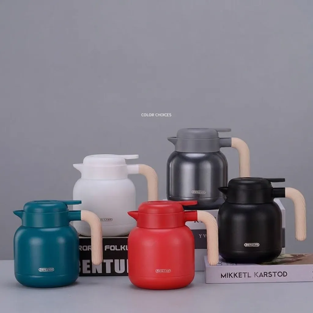 Bouteille Isotherme sous Vide en Acier Inoxydable 304 Grande Capacité Théière à Café Poignée Grain de Bois Minimaliste