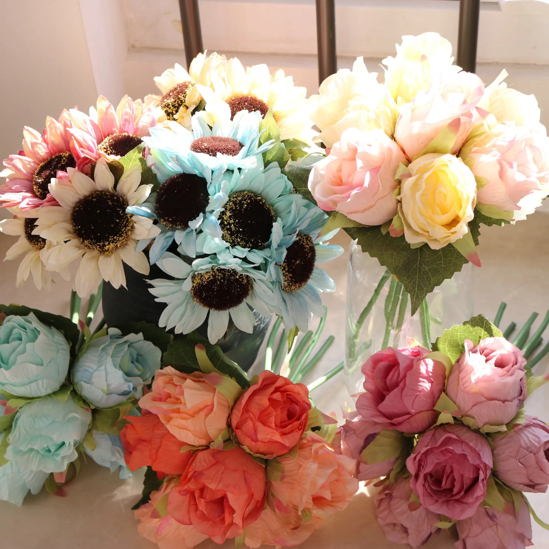 Artificial Silk Fabric Sunflower Rose Bouquet Wedding Window Decoration Photography Props Pastoral Home Floral Decor