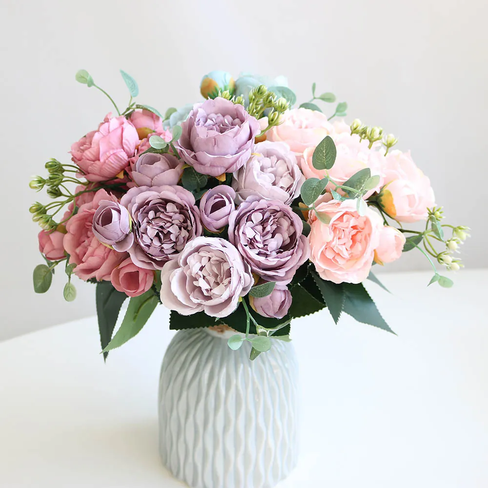 Realistisch 5-Tak 9-Koppig Kunstpioenroos Zijden Bloemenboeket Voor Bruiloft Tafeldecoratie Morandi Kleuren Plant