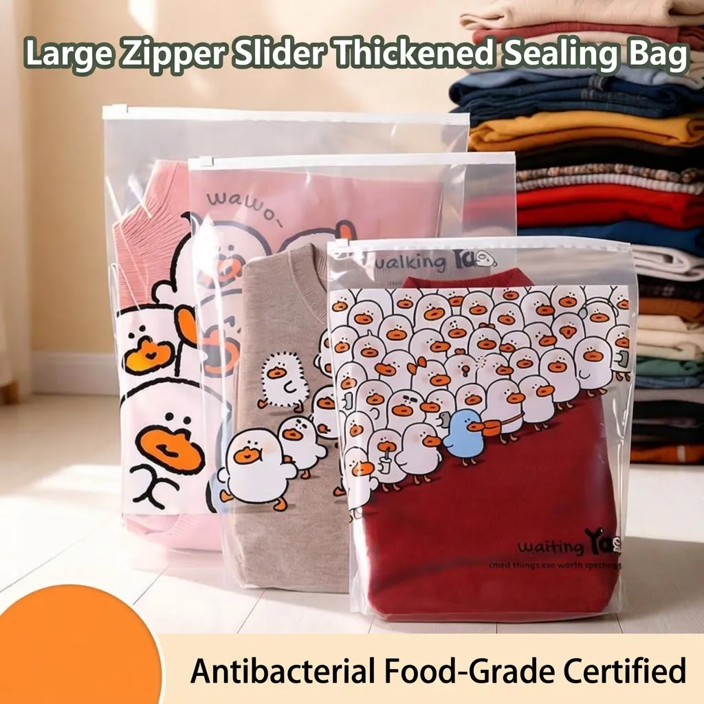Sac de Rangement pour Vêtements en Polyéthylène Imprimé Canard Dessin Animé Givré Transparent Antihumidité Fermeture Éclair Curseur Sac Scellé pour Enfants Bébé Voyage École Maison Organisation