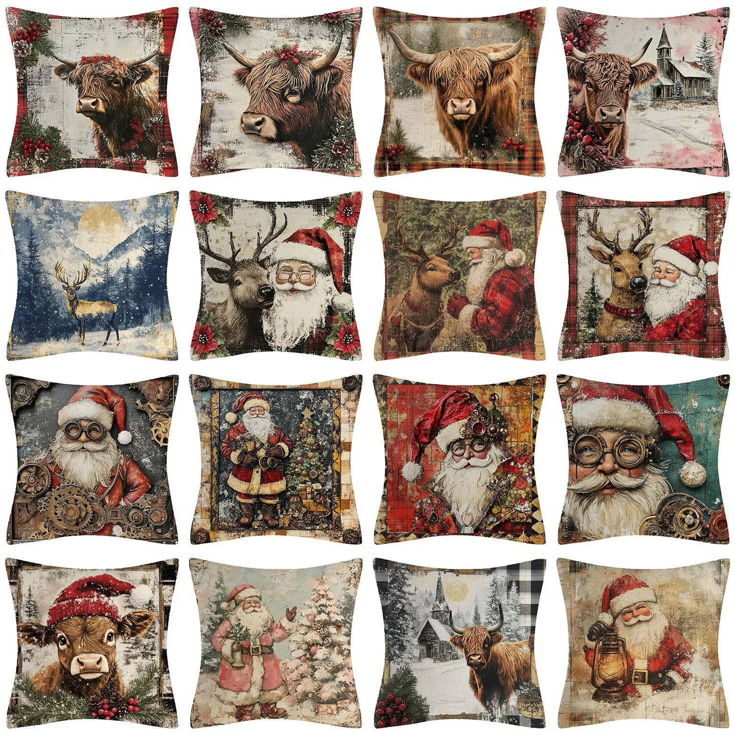 Taie d'Oreiller Décorative de Noël Action de Grâce Lin Coton Housse de Coussin Père Noël Renne Vache des Highlands Plaid Carré Décoration de Maison
