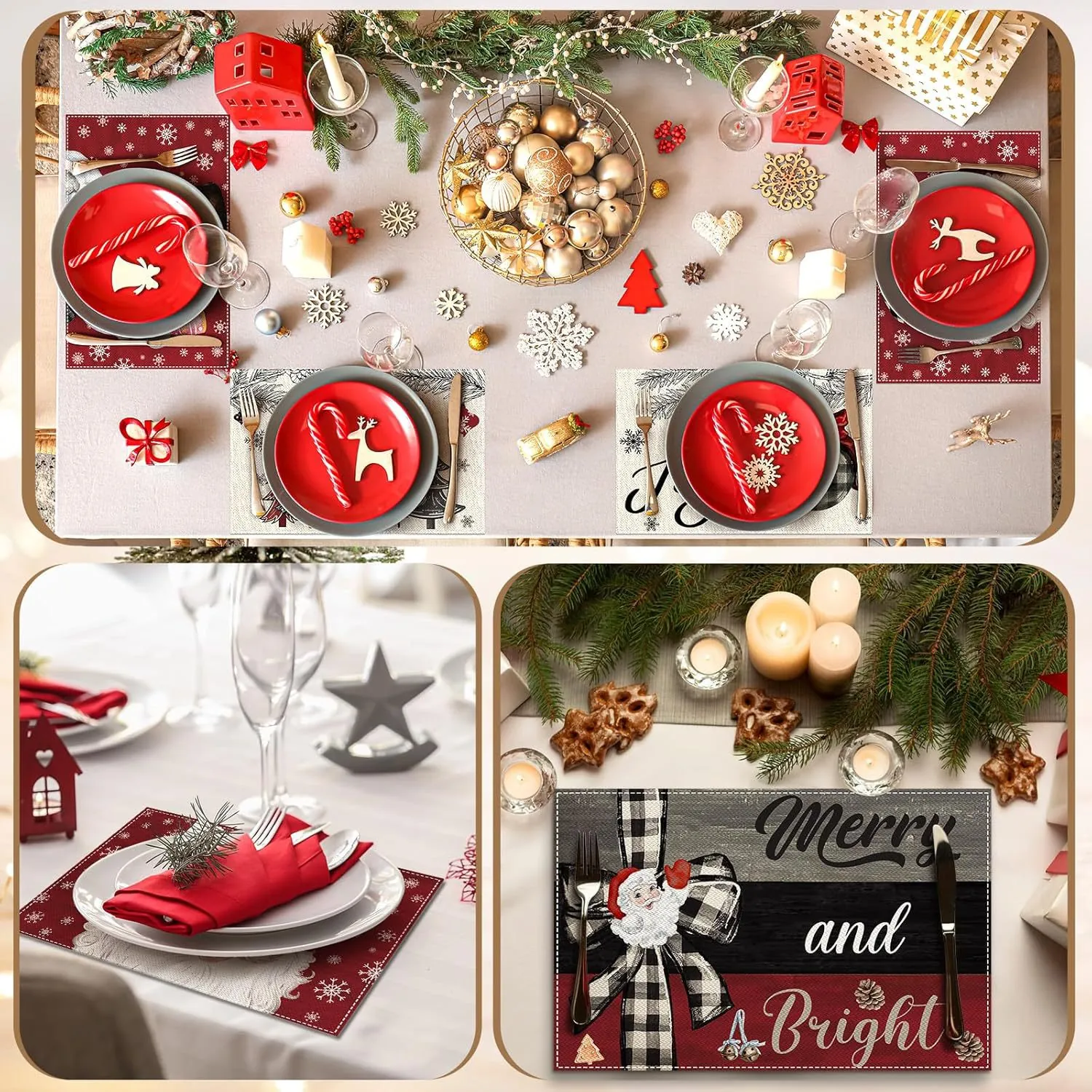 Christmas Linen Placemat Festive Printed Santa Claus Snowman Snowflake Rectangle Dining Table Mat For Holiday Banquet Home Decoration