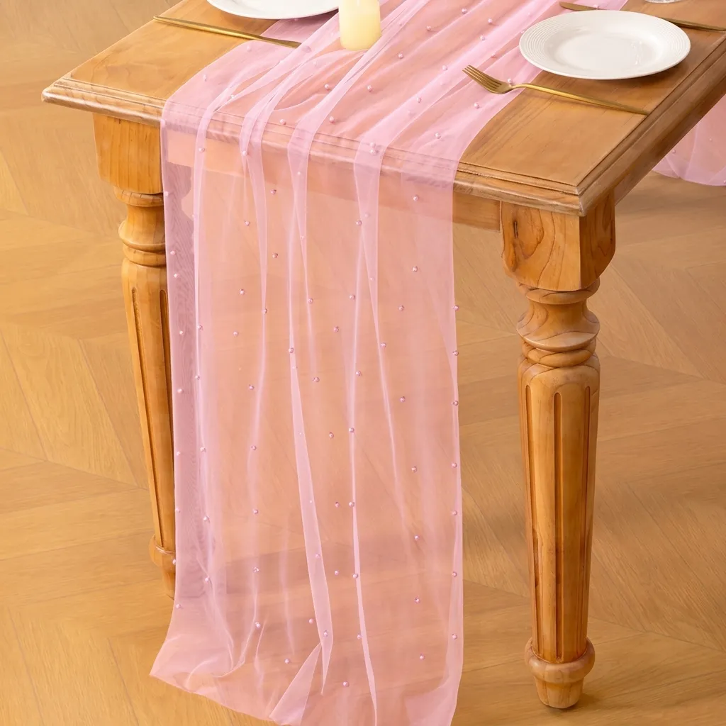 Tüll Tischläufer Mit Künstlichen Perlen Transparente Netz Tischdecke Für Hochzeitsfeier Bankett Dessert Tisch Hintergrund Deko