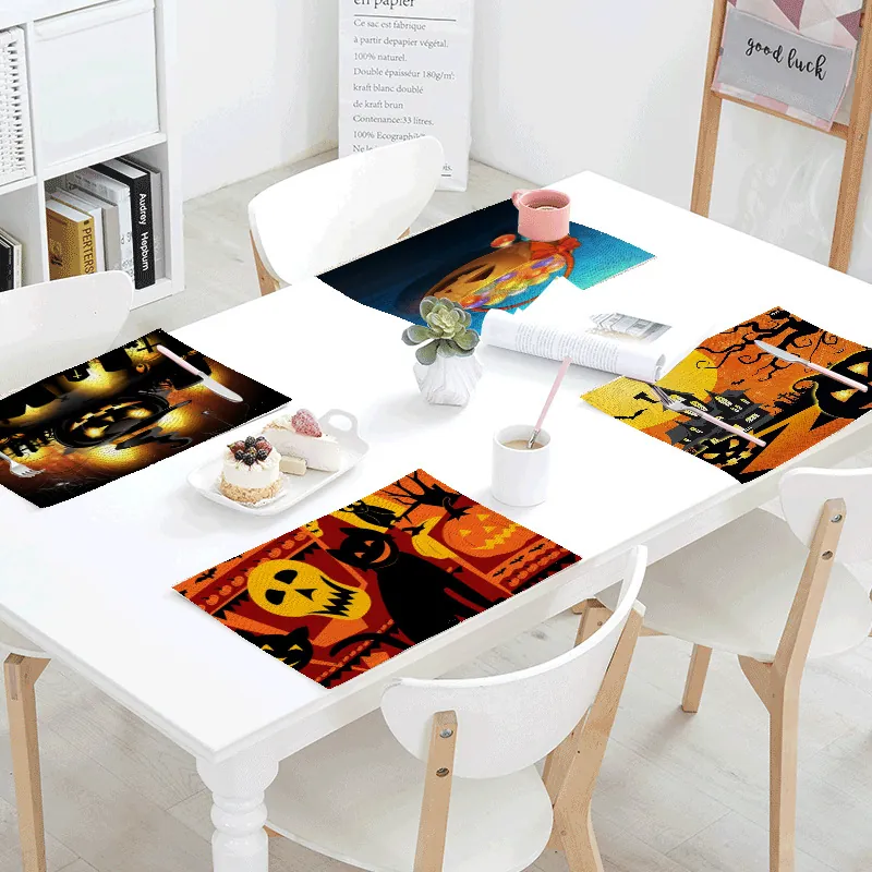 Halloween Pumpkin Castle Printed Place Mat Rectangular Linen Look Heat Resistant Table Mat For Dining Room Party Holiday Decor