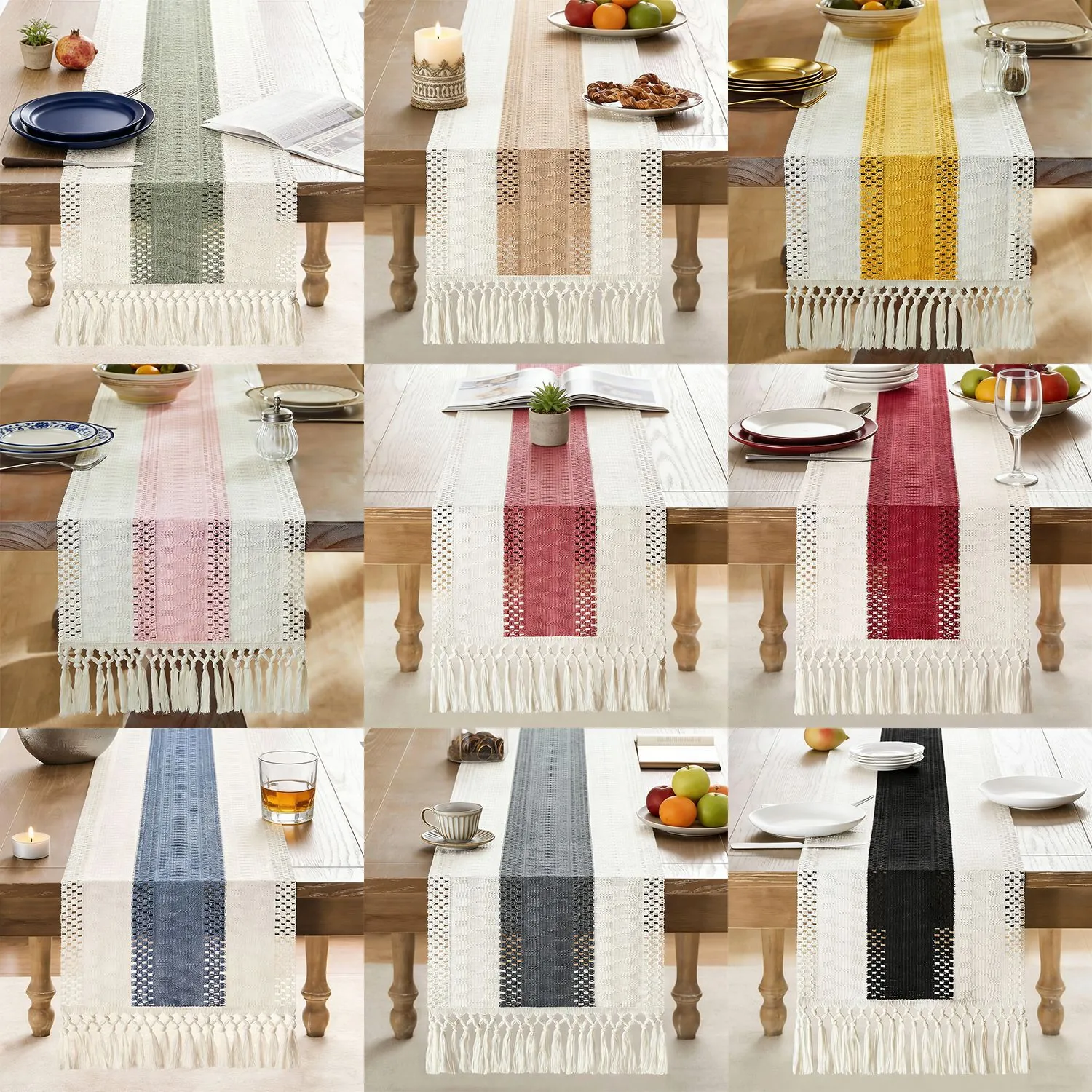 Bohemian Striped Table Runner With Tassel Hollow Woven Decor For Dining Room Home Nordic Style Polyester Restaurant Christmas Decor