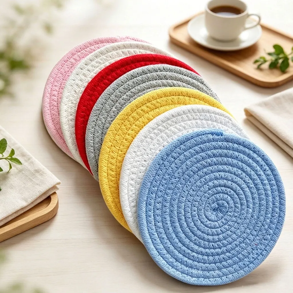 Hand Woven Cotton Rope Heat Resistant Place Mats Nordic Spiral Round Coasters For Dining Table Kitchen Decor Padded Tableware Gift