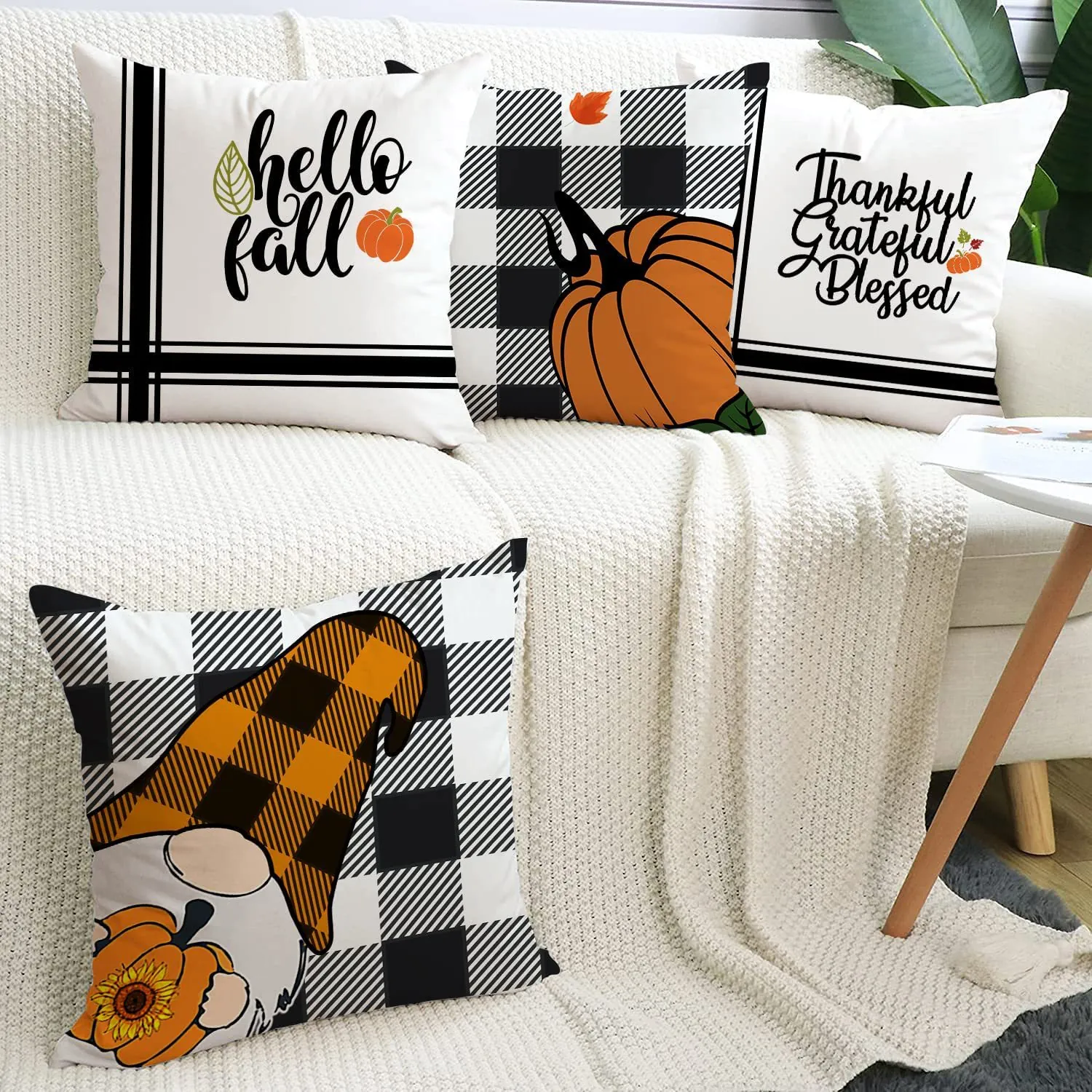 Set of 4 Halloween Fall Pillow Covers Pumpkin Gnome Buffalo Plaid Polyester Decorative Pillowcases For Sofa Couch Home Decor
