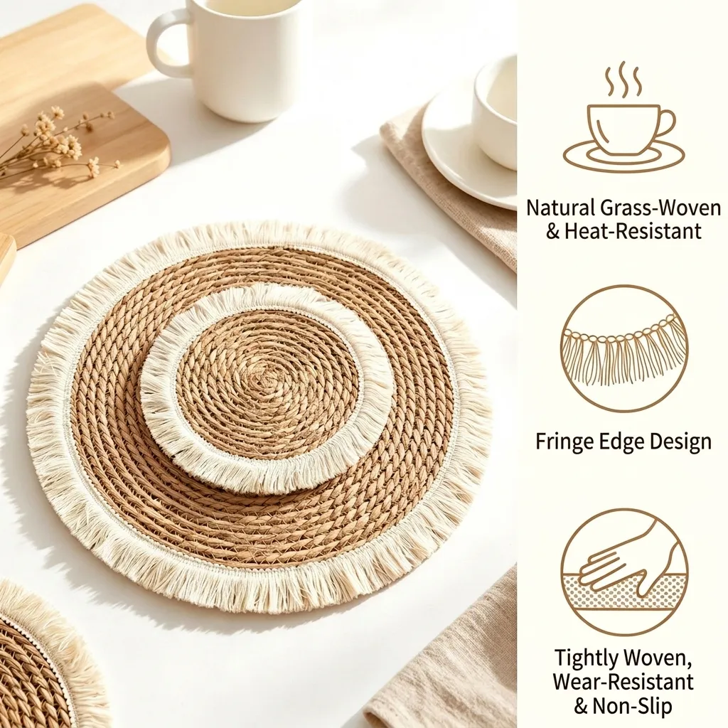 Nordic Natural Straw Woven Round Placemat With Cotton Tassel Fringe Heat Resistant Insulation Table Mat For Dining Table Home Decor Coaster Pot Pad