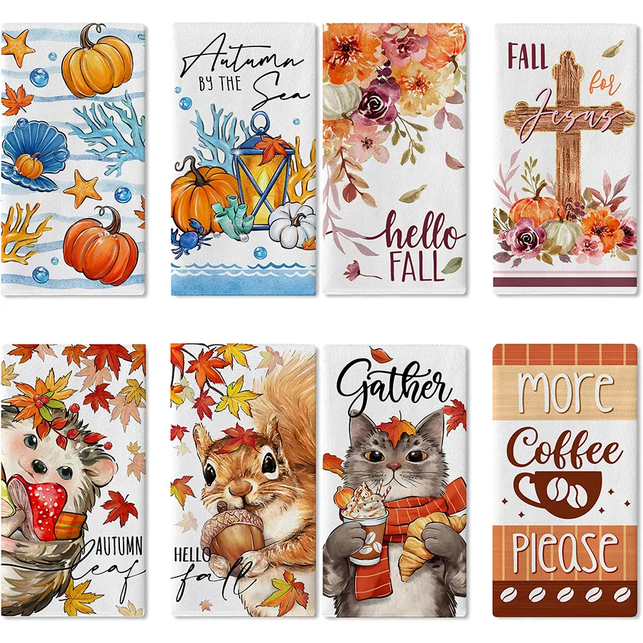 Thanksgiving Pumpkin Striped Kitchen Towel Microfiber Autumn Maple Leaf Dish Towel Festive Bathroom Hand Towel Printed Tea Towel