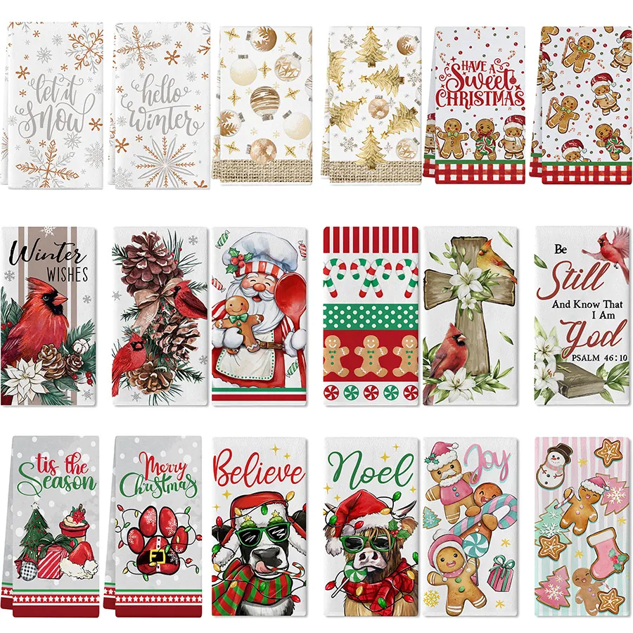 Christmas Kitchen Dish Towels Polyester Microfiber Absorbent Cleaning Cloth For Holiday Decor Winter Snowflake Printed Hand Towel Set