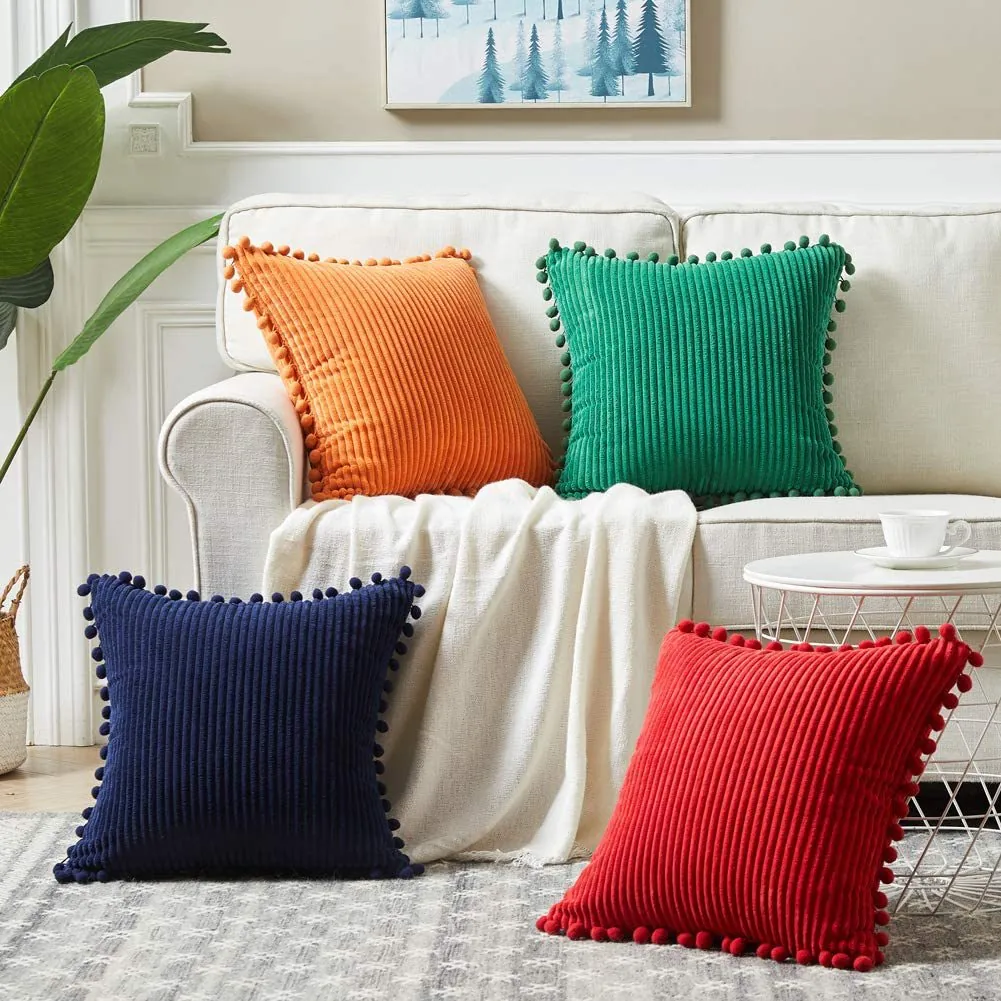 Funda de Almohada de Pana Minimalista Nórdica Funda de Cojín Rayada de Color Sólido Suave Con Borde de Pompones Para Sofá Sala Hogar