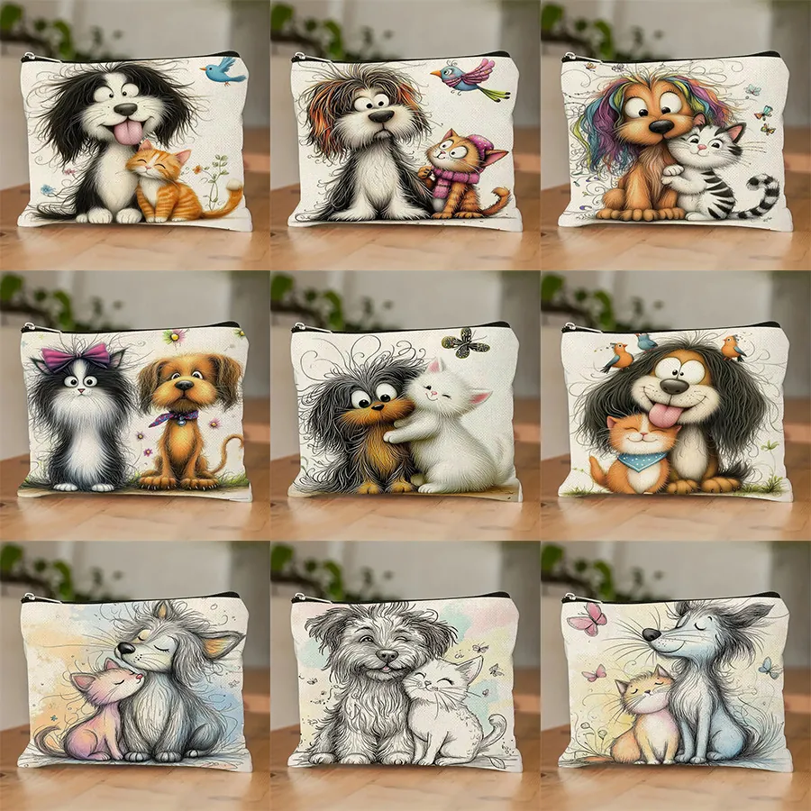 Women's Printed Polyester Makeup Bag Cute Animal Illustration Travel Storage Pouch With Zipper Closure Multi-Function Cosmetic Organizer