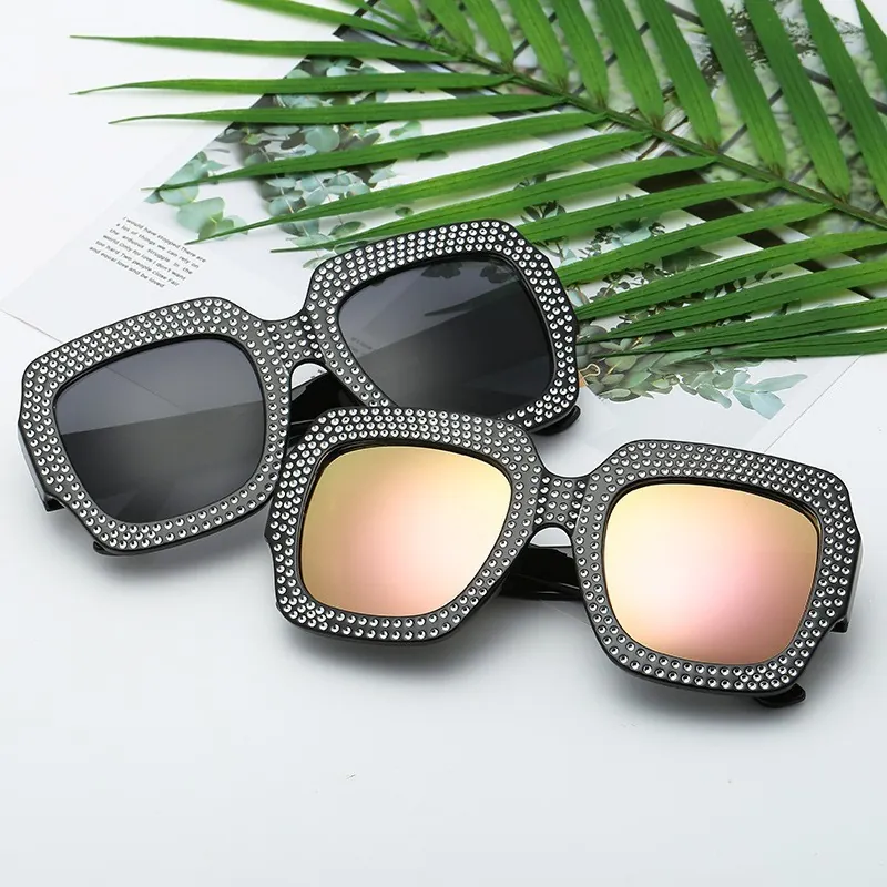 Gafas de Sol Cuadradas Oversize para Mujer con Strass Protección UV400 Montura de PC Lente de AC Moda Brillante
