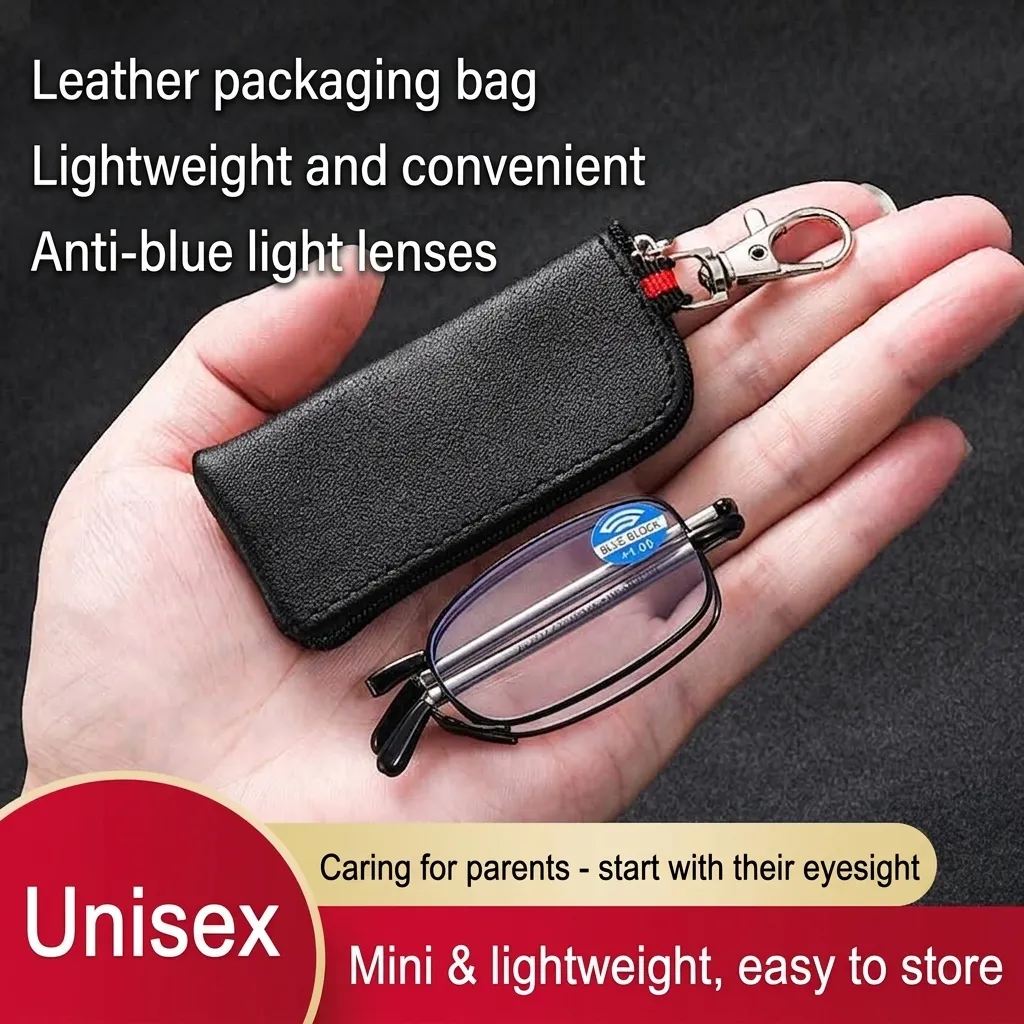 Folding Anti Blue Light Reading Glasses Portable Alloy Frame Metal Eyeglasses For Men Women With Leather Zipper Case