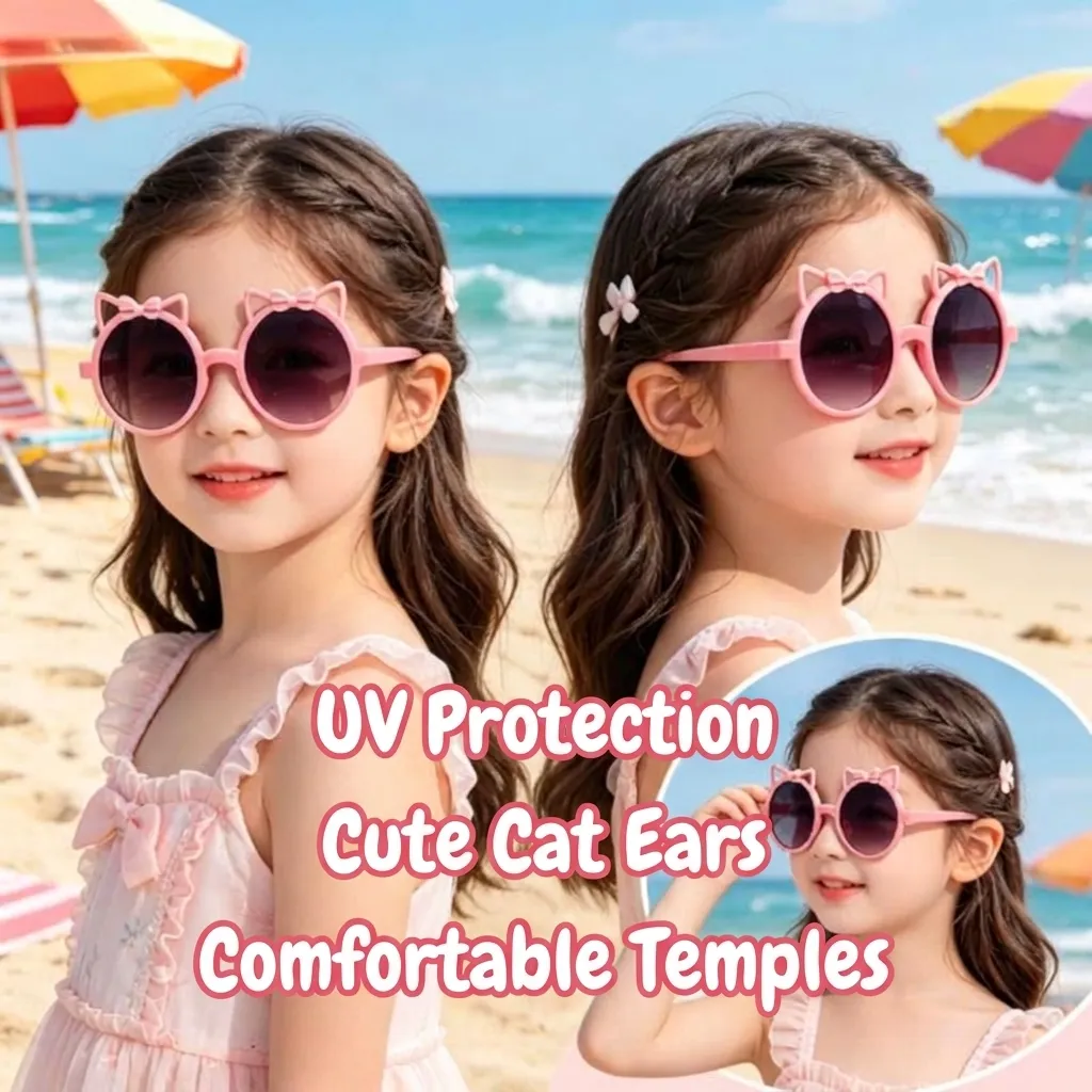 Kids Cartoon Cat Ear Sunglasses For Girls UV400 Protection Round Frame Sun Glasses With Bowknot Decoration Baby Fashion Eyewear