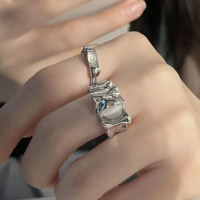 Niche Design Irregular Pleated Copper Open Ring For Women Synthetic Moonstone Inlaid Light Luxury Personalized Adjustable Finger Ring Jewelry
