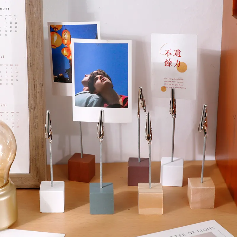 Wooden Cube Base Memo Clip Holder Metal Alligator Clasp Desk Photo Note Stand For Office Home Table Decoration Ornament