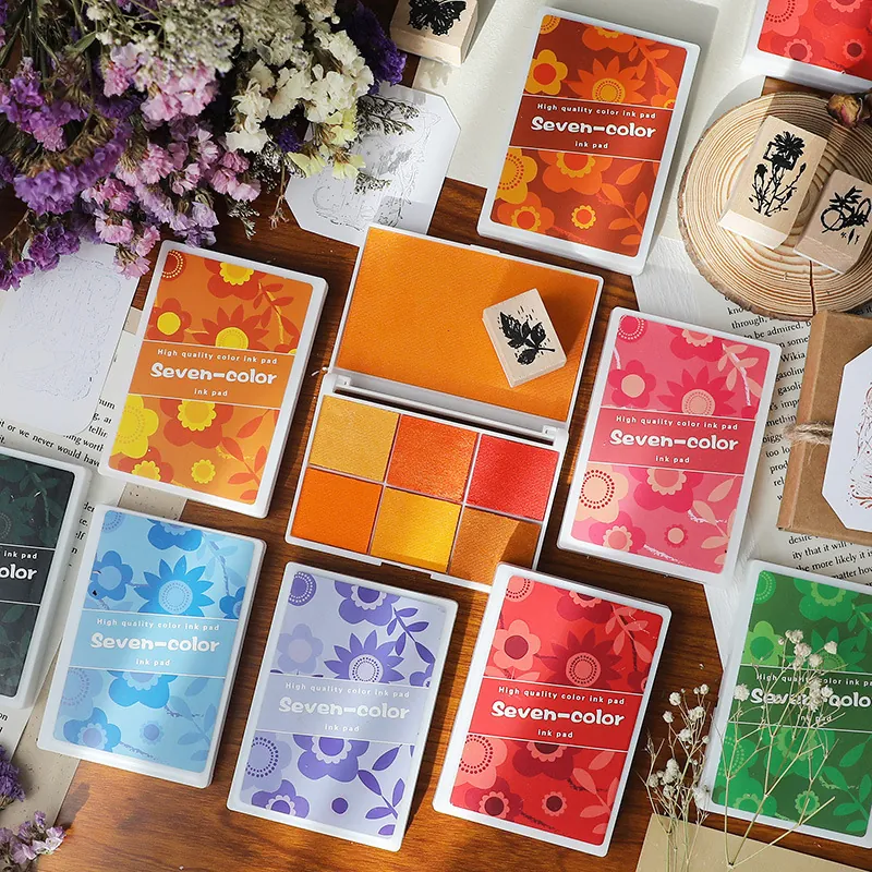 Zeven Kleuren Parelmoer Stempelkussen Kunststof Spons Gekleurd Stempelkussen Voor DIY Vingerschilderen Rubberen Stempel Knutselen Kinderen Schrijfwaren