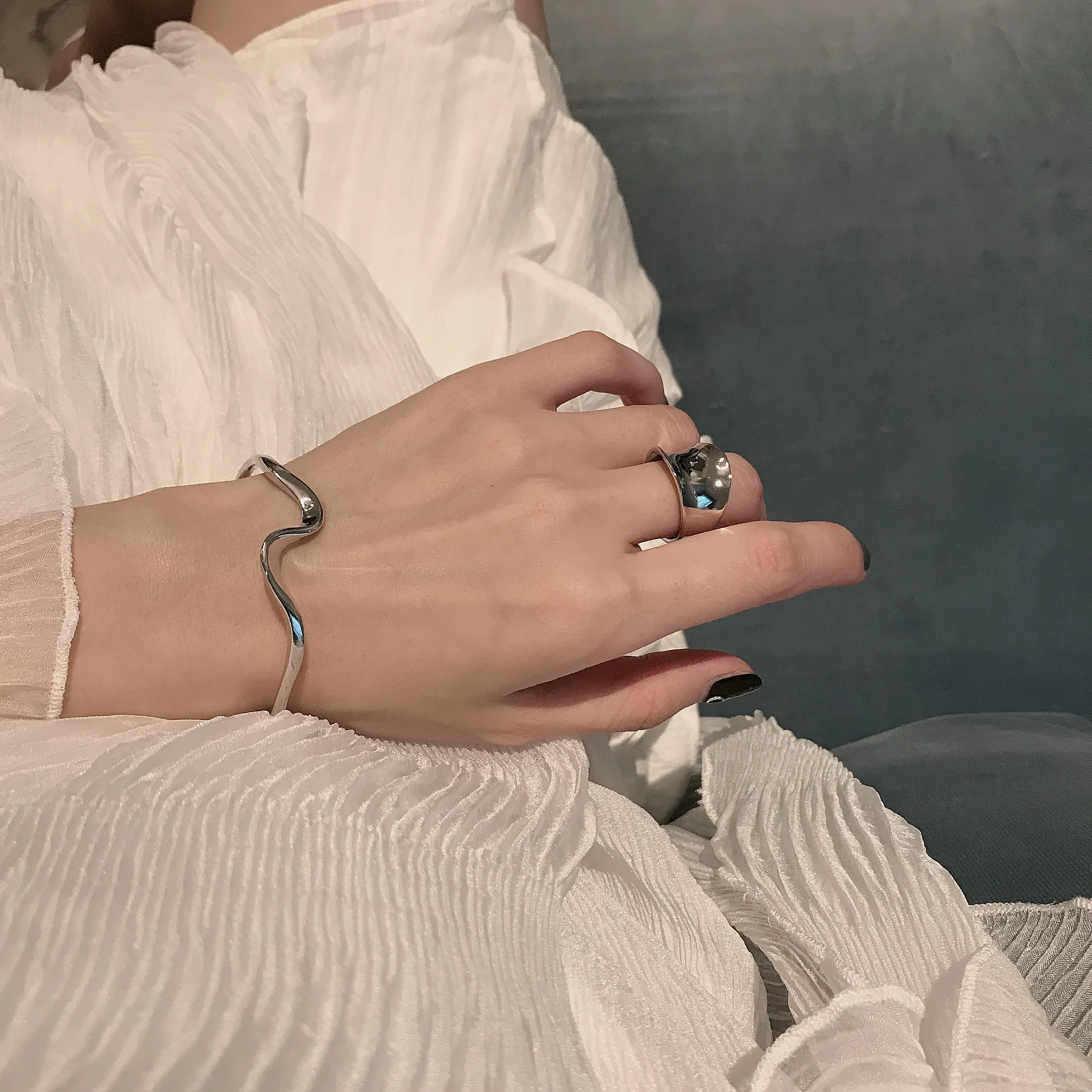 Minimalistische 925 Sterling Zilveren Golvende Open Armband En Ring Set Elegante Ins Stijl Koreaanse Sieraden Voor Vrouwen