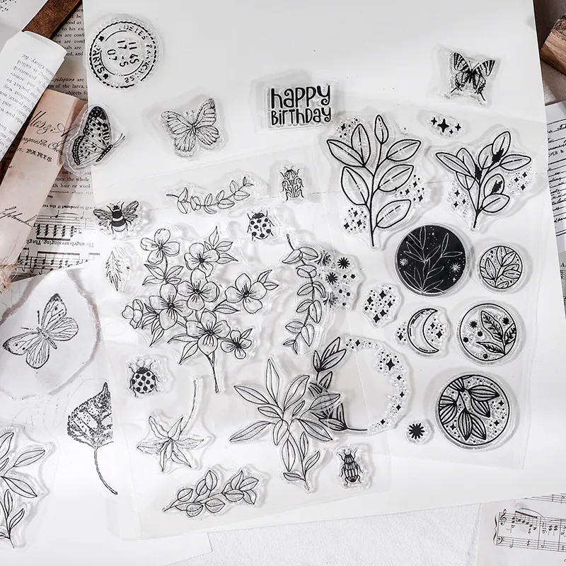 Vintage Clear Silicone Stamp Set Botanical Butterfly Postmark Decorative Scrapbooking Album Journal DIY Craft Transparency Stamps