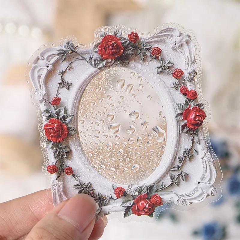 Ρετρό Αδιάβροχα Αυτοκόλλητα Scrapbooking από PET Διακοσμητικές Ετικέτες με Vintage Στεφάνι Λουλουδιών και Κορνίζα για DIY