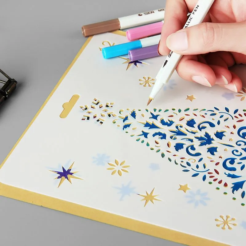 Festive Christmas Plastic Drawing Stencil Hollow Out Painting Template Graphic Reindeer Christmas Tree Pattern For DIY Scrapbook Photo Album Journal Decoration