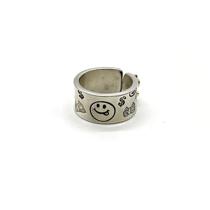 925 Sterling Silver Vintage Distressed Smiley Face Dollar Sign Open Ring Hip Hop Street Adjustable Fashion Jewelry Ring For Men Women