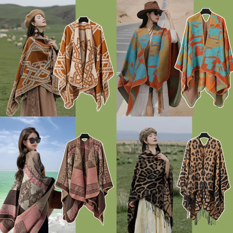 Vintage Ethnic Style Poncho Shawl For Women Imitation Cashmere Warm Open Front Cape Winter Travel Geometric Wrap