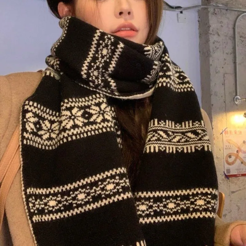 Sciarpa a Maglia Jacquard Bifacciale Fair Isle Con Motivo Geometrico a Fiocco di Neve Vintage Scaldacollo Lungo Invernale Caldo Spesso da Donna