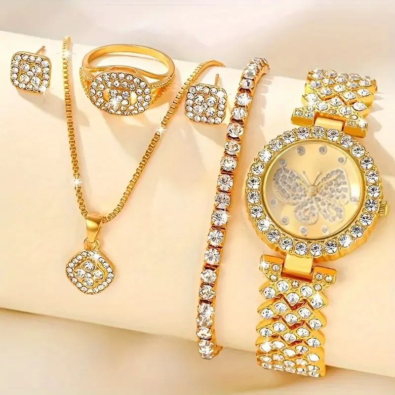 Luxury Alloy Rhinestone Women Watch Jewelry Set Gold Silver Plated Butterfly Dial Quartz Watch Necklace Earrings Bracelet Ring 5Pcs Set