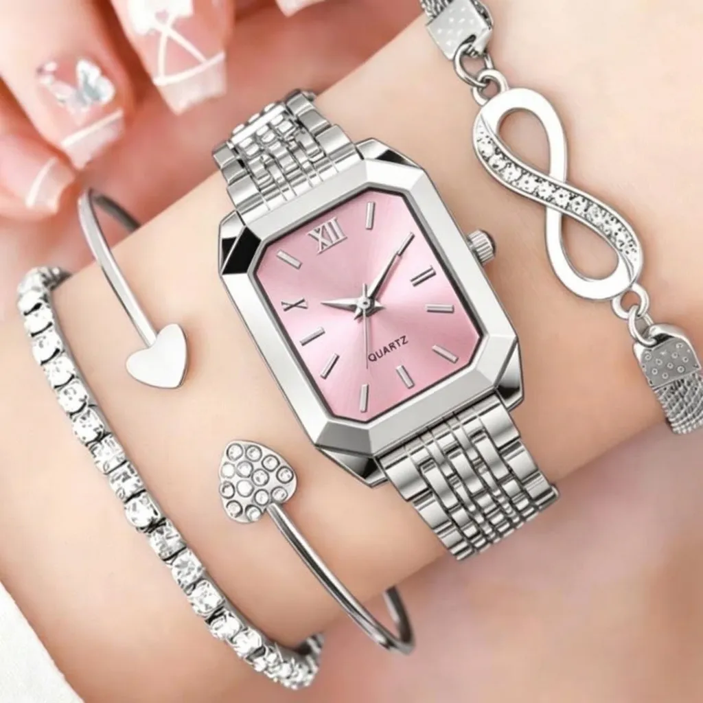 Elegante Set Orologio al Quarzo e Bracciale da Donna Strass Farfalla Quadrante Ottagonale Orologio in Lega Set Gioielli per Donna