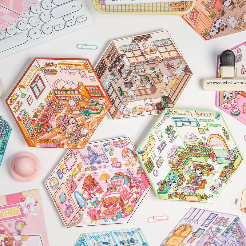3D Miniatur Hütte Szene Aufkleber PET Wasserdicht Cartoon Märchen Haus Aufkleber Für Scrapbooking DIY Journal Deko Geschenk