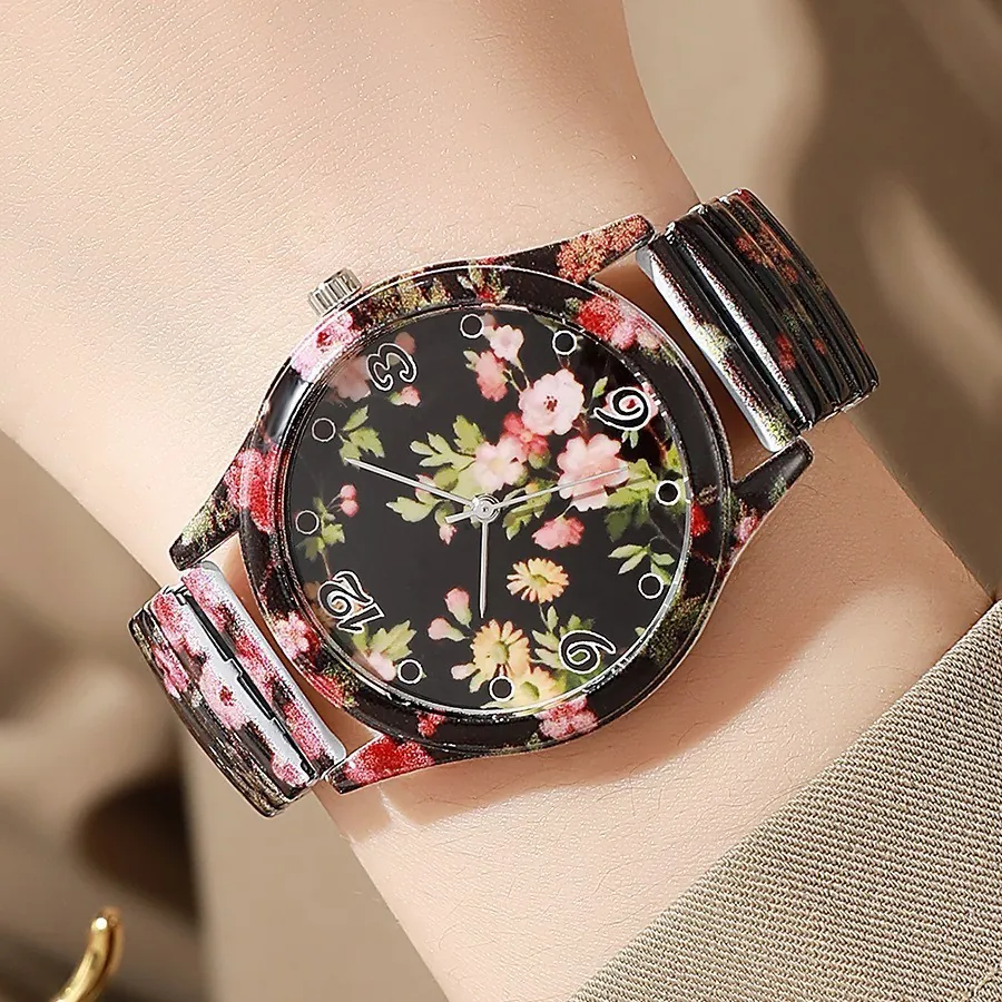 Orologio da Donna al Quarzo con Stampa Floreale Cinturino Elastico in Lega con Strass Orologio da Polso da Donna Regalo Casual
