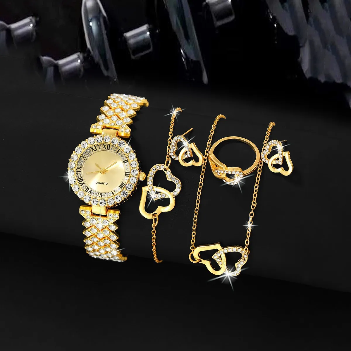Women Luxury Rhinestone Watch And Jewelry Set Heart Pendant Necklace Bracelet Ring Earrings Five-Piece Set Gold Silver Rose Gold Quartz Watch Fashion Jewelry Gift