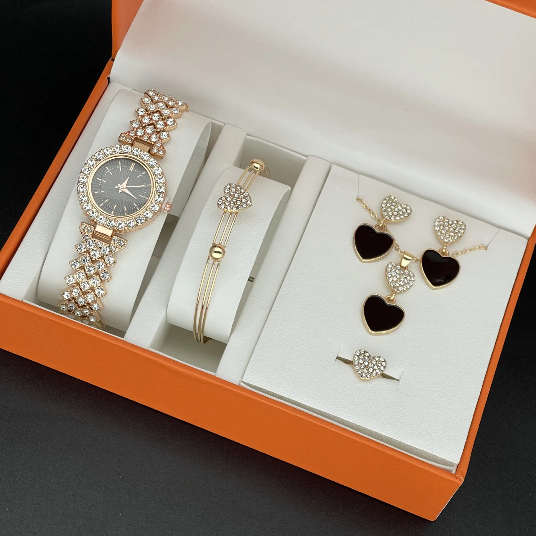 Elegant Women Quartz Watch Jewelry Collection Heart Rhinestone Necklace Bracelet Earrings Ring Fashion Accessory Luxury Gift