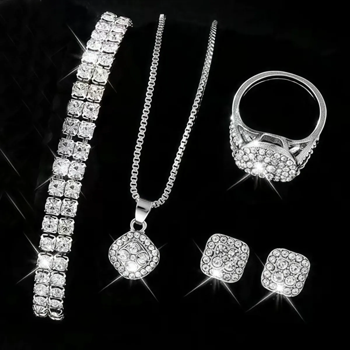 Mode Luxus Legierung Strass Schmuck Set Für Damen Quadratischer Anhänger Halskette Armband Ohrringe Uhr Elegante Lady Glänzender Schmuck Geschenk