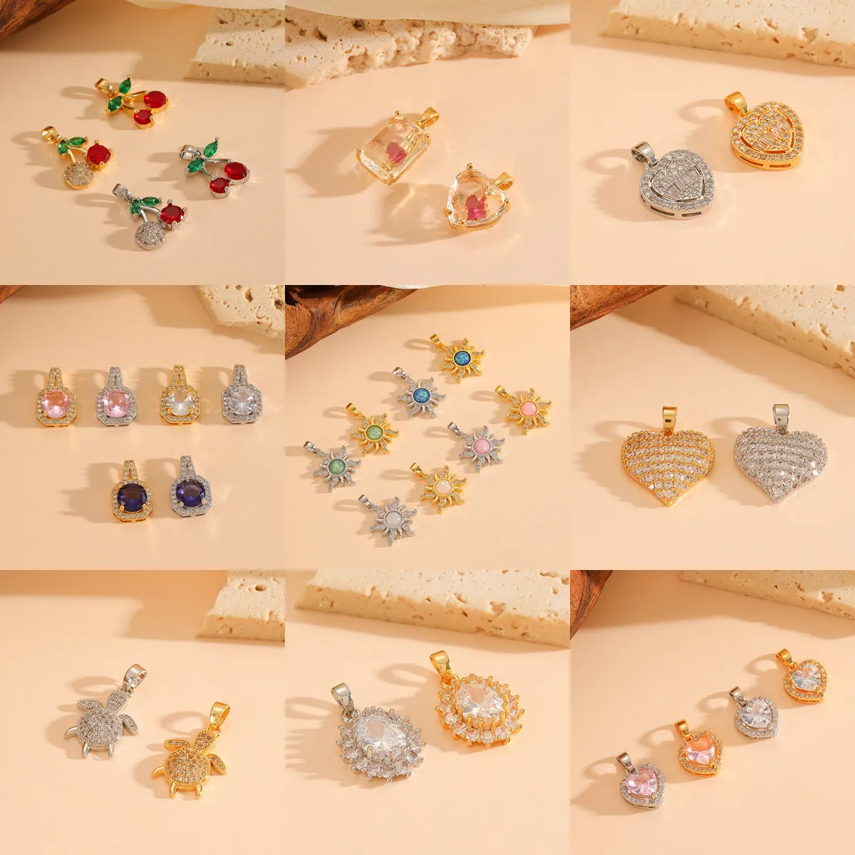 Ciondolo in Rame con Strass alla Moda per Donna Elegante a Forma di Ciliegia Cuore Fiore Oro Argento Placcato Accessorio Solo Ciondolo
