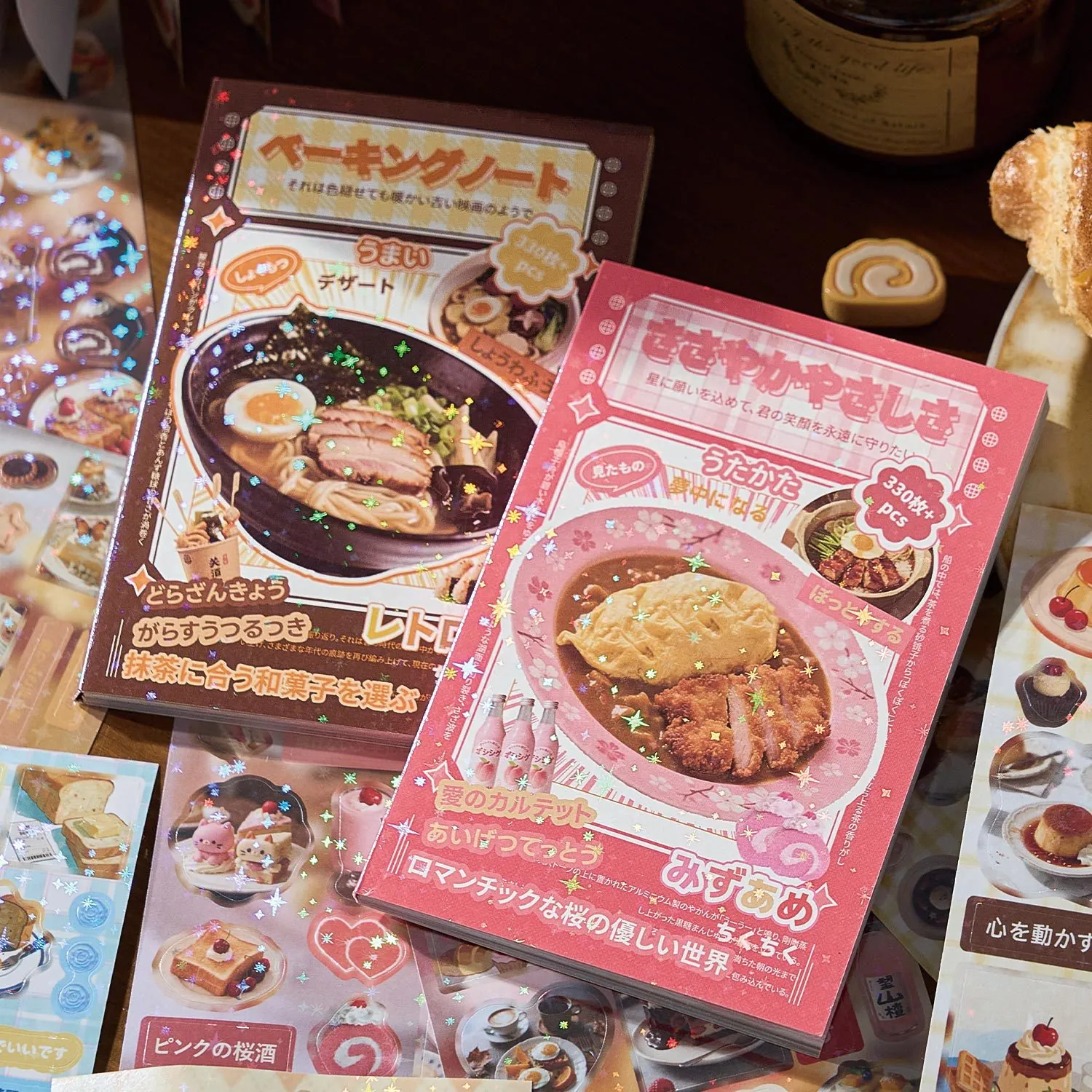 Livre d'Autocollants de Journal Vintage Japonais Paillettes Laser Découpé Scrapbooking Autocollants Décoratifs Papier Couché Esthétique Aliments Desserts Papeterie Livret Autocollants