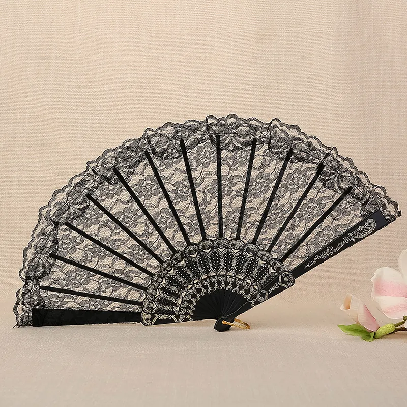 Vintage Spitze Faltfächer Kunststoffrippen Blumenmuster Dekorativer Handfächer Für Hochzeit Tanz Performance Damen Accessoire