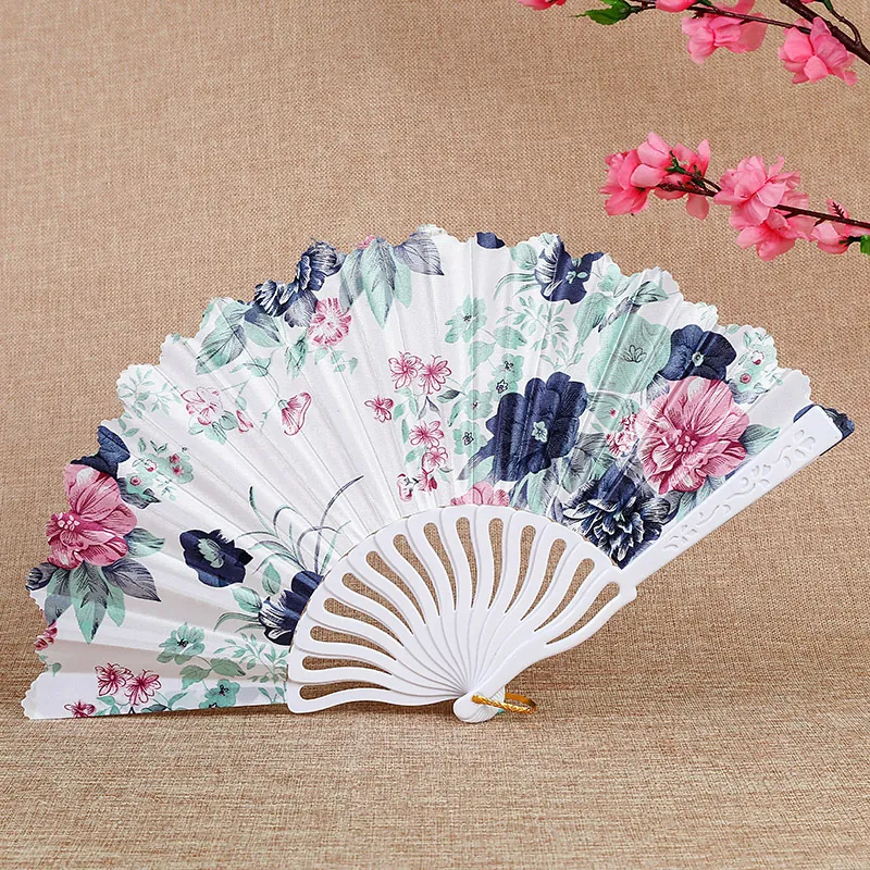 Vintage Chinese Style Floral Folding Fan For Women Plastic Hollow Ribs Silk Fabric Hand Fan For Dancing Party Wedding Decorative Gift
