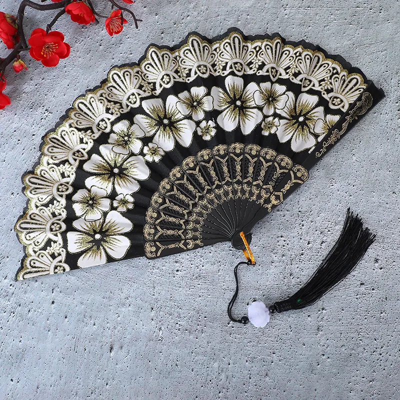 Chinesisch Klassischer Blumen Faltfächer Mit Quaste Tragbarer Handfächer Aus Kunststoff Für Damen Tanz Hochzeit Deko