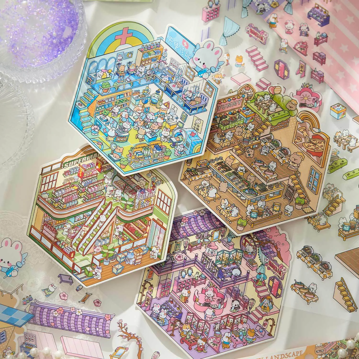 Funny Landscape Stickers Cartoon Animal Town House Miniature Scene DIY Scrapbooking Decorative PET Cardboard Sticker Pack