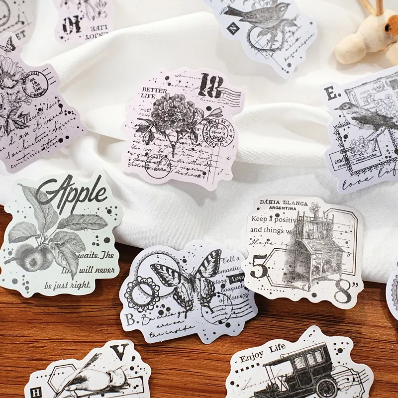 Vintage Washi Paper Journal Stickers Pack Collage Memories Black White Monochrome Flora Architecture Decorative Scrapbooking Craft Sticker