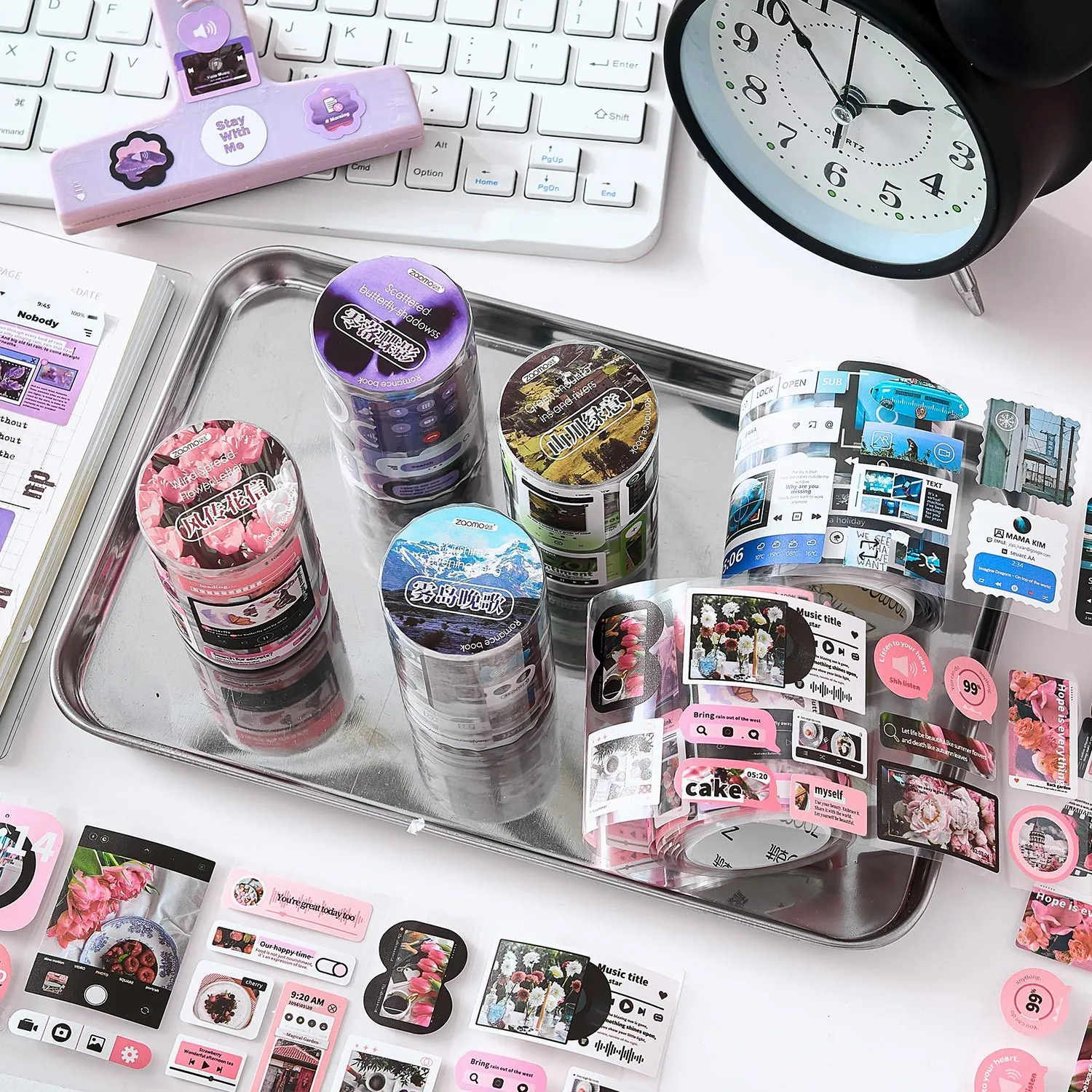 Aesthetic Korean Style Coated Paper Tape Music Player UI Floral Pattern Decorative Scrapbooking Tape For DIY Craft Journaling