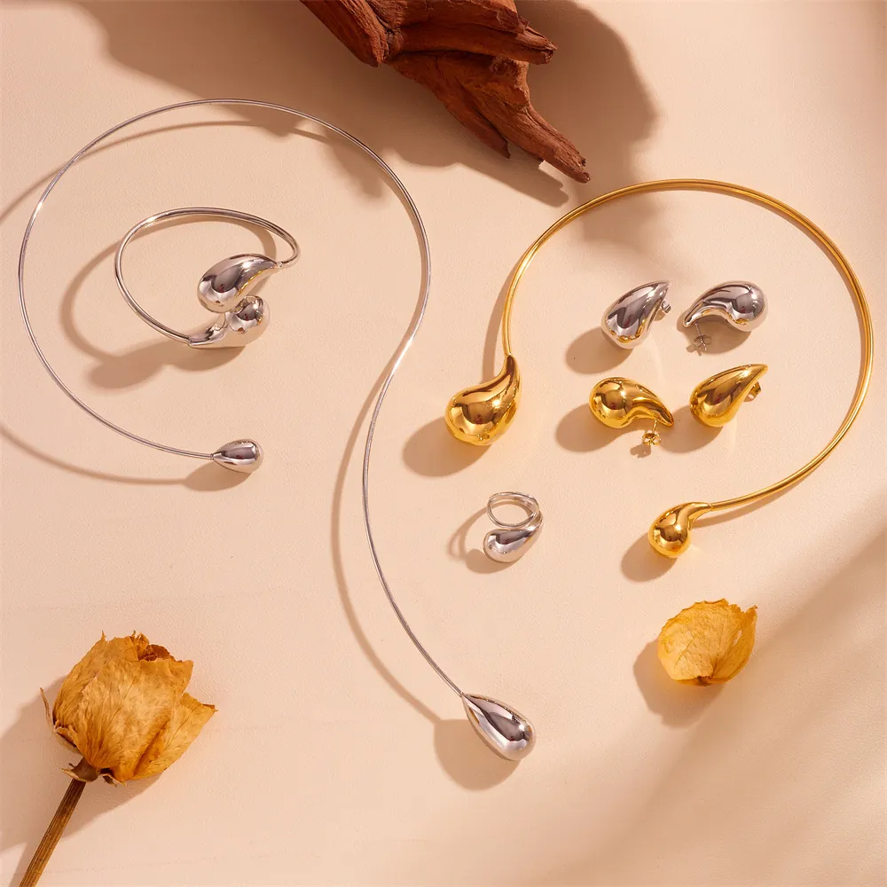 Polierter Edelstahl Wassertropfen Schmuck Für Damen Minimalistischer Halsreif Ohrstecker Armreif Modeschmuck Accessoires