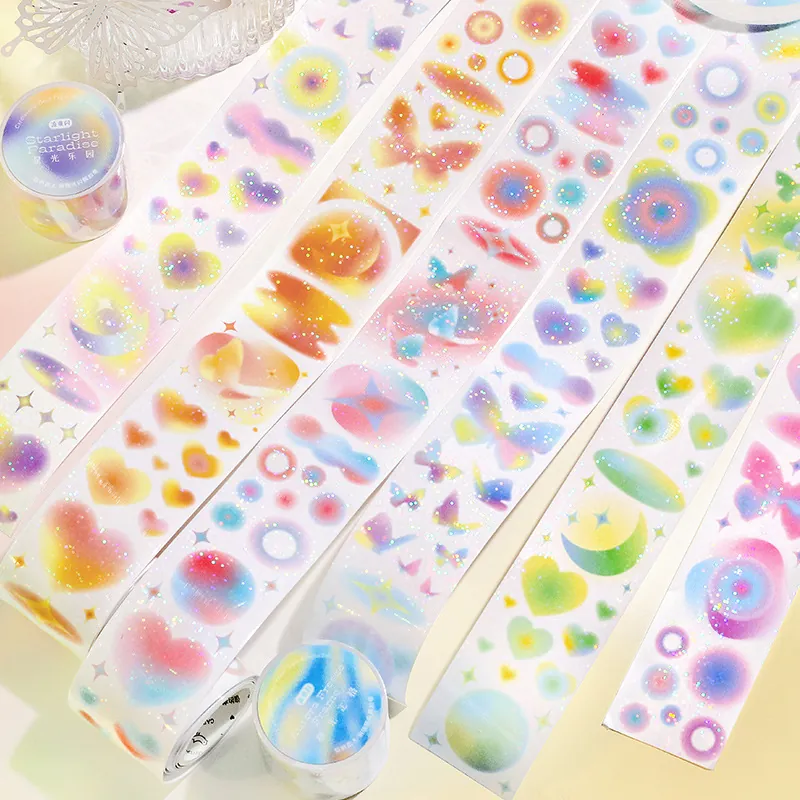 Nastro Washi in Carta Patinata Sfumatura Gradiente Sfocata Utopia Sognante Pellicola Flash Scintillante Farfalla Cuore Scrapbooking Nastro Adesivo Decorativo Con Carta Siliconata Per Journal Fai Da Te